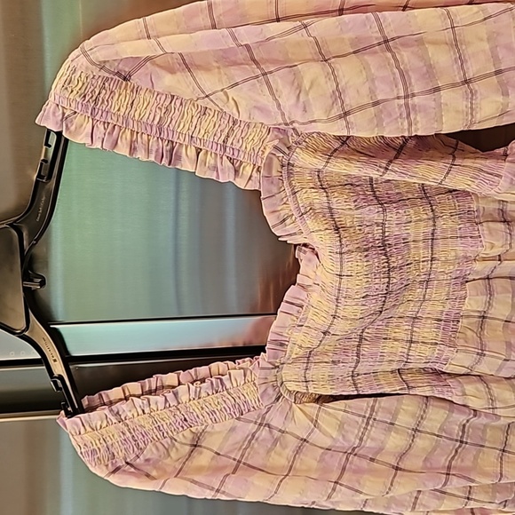 💕GANNI💕 Smocked Seersucker Plaid Top ~ Orchid Bloom Checked Print 44 EU NWT - Picture 14 of 16